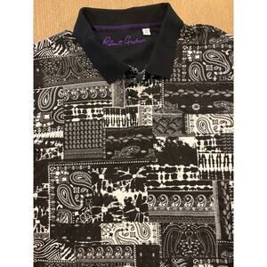 Robert Graham Black White Bandana Paisley Cotton Polo Shirt Size Extra Large XL